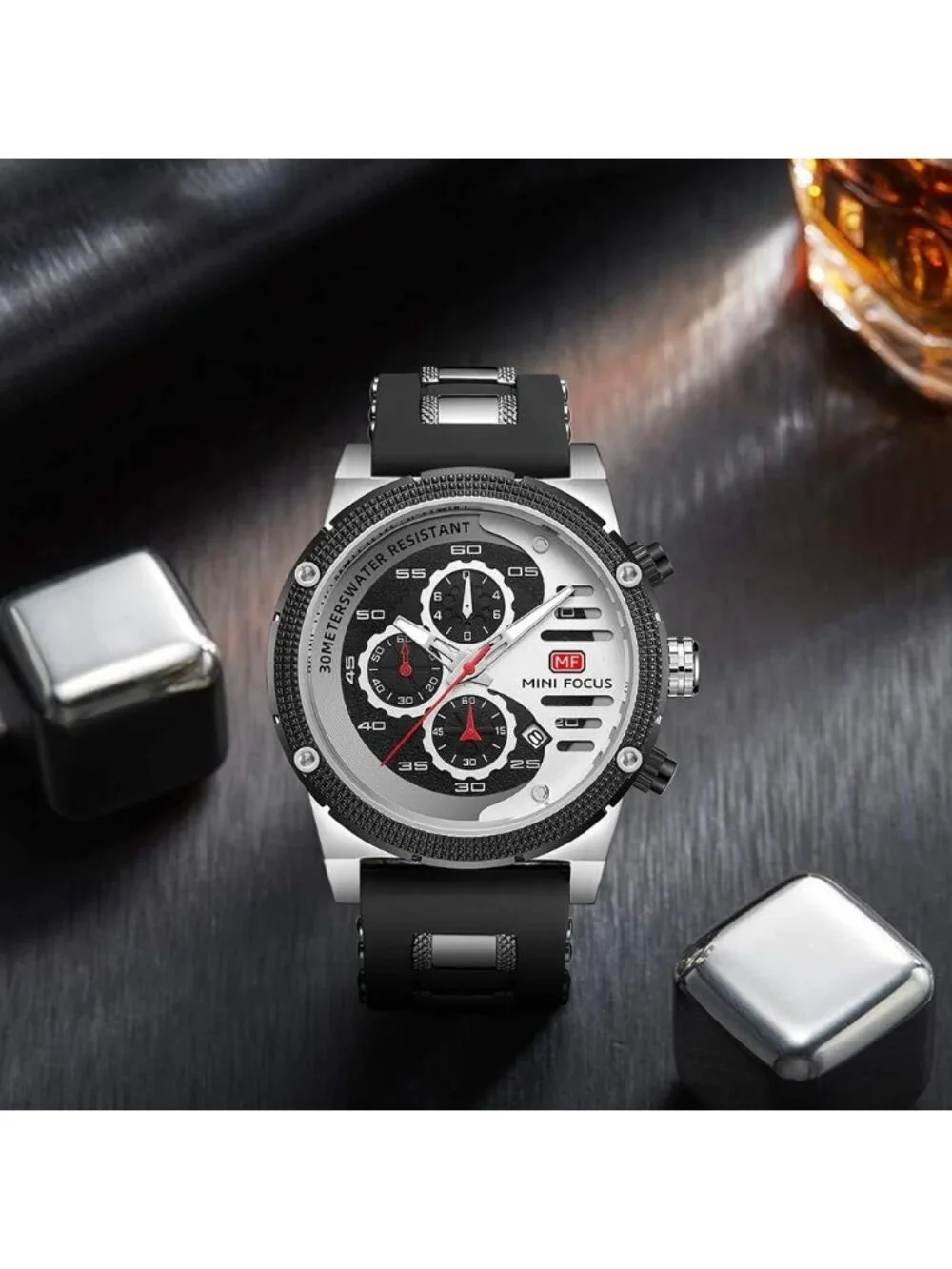 Men's Silver Black Chronograph Waterproof Sport Military Analog Quartz Watch
